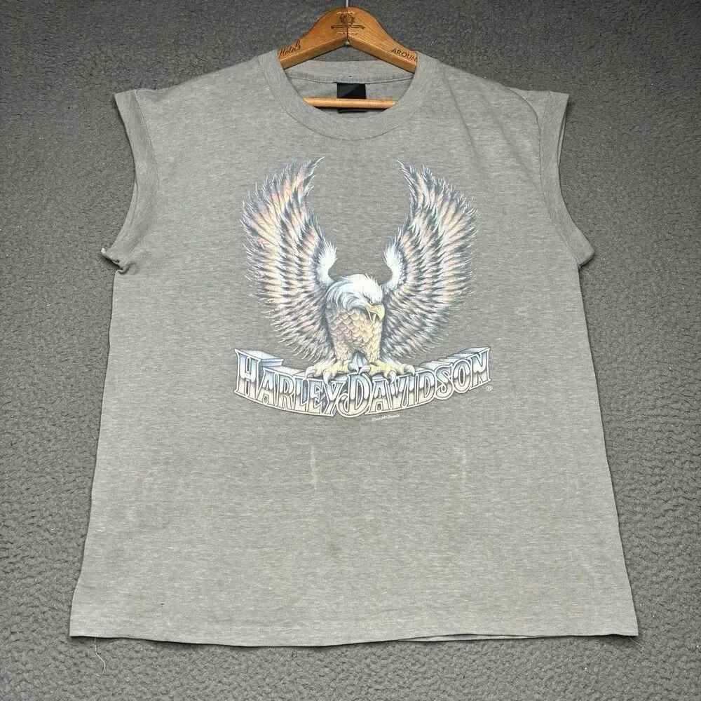 Vintage 3D Emblem Harley Davidson Steve McDonald Eagle Art T Shirt Thin Burnout